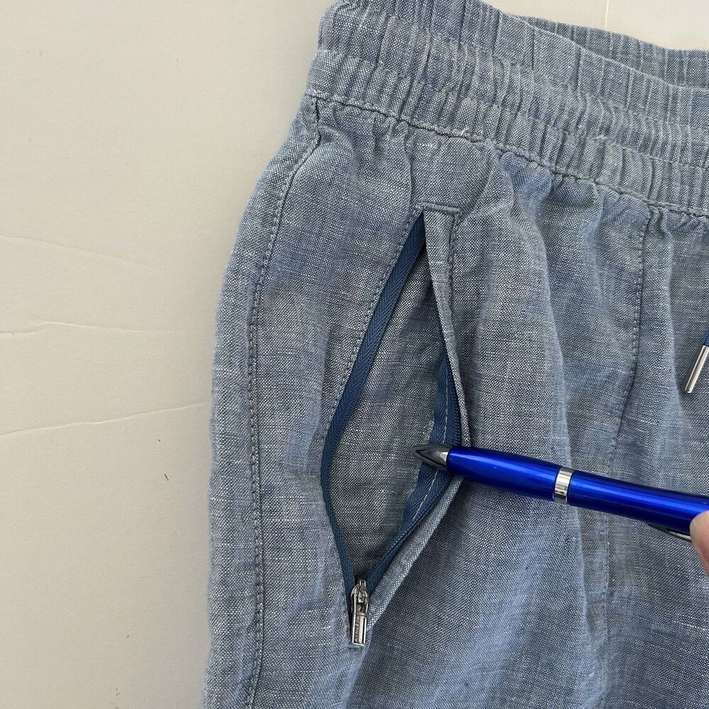 Athleta Retreat Blue Chambray Linen Jogger Pants Zip Pockets Size 10 Pull On - Picture 7 of 11